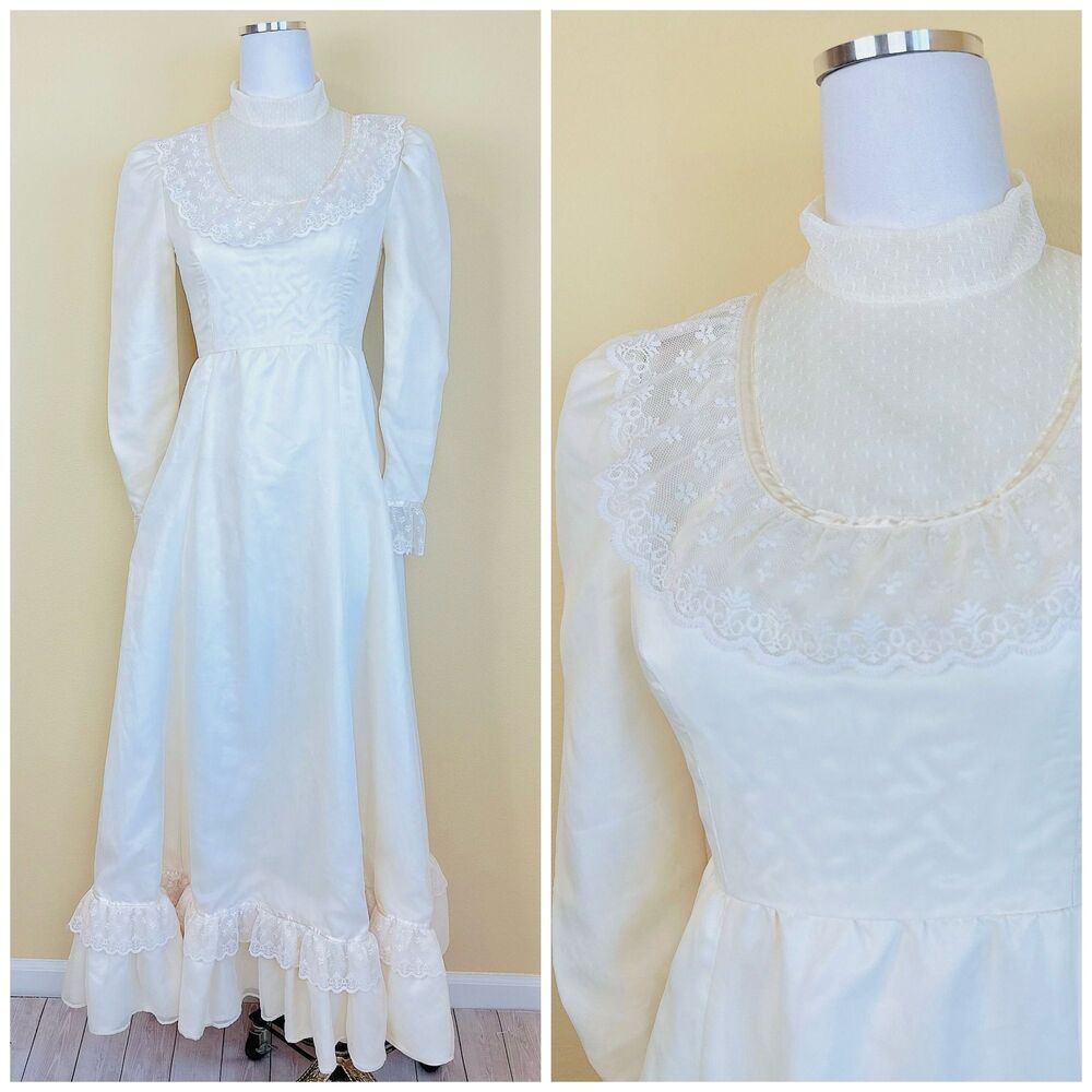 1970s Vintage Cream Lace Maxi Dress / 70s Prairie Ruf… - Gem